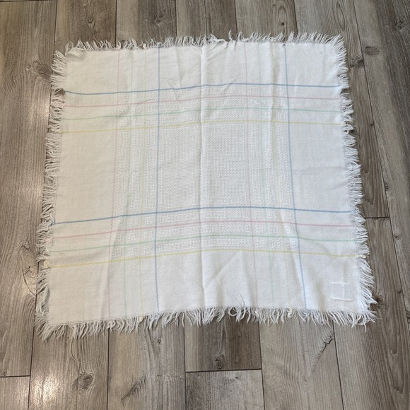 Vintage WELCOME HOME Pink White Wide Striped Fringed Baby Blanket 35" X 35" - Picture 4 of 5